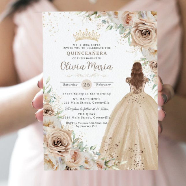 Invitación La princesa floral del champagne Beige Cream Quinc (Subido por el creador)