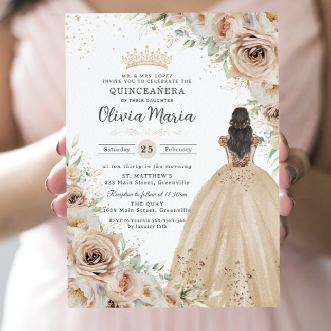 Invitación La princesa floral del champagne Beige Cream Quinc (Subido por el creador)