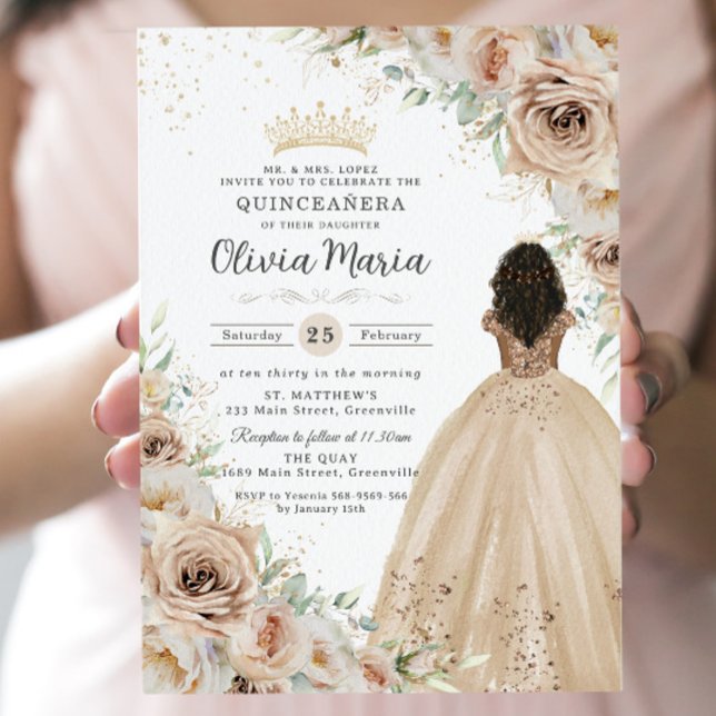 Invitación La princesa floral del champagne Beige Cream Quinc (Subido por el creador)