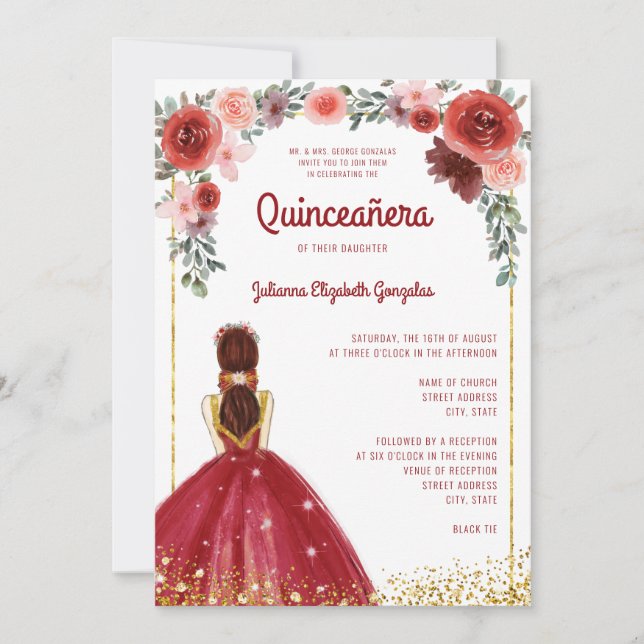 Invitación La princesa floral Purpurina de oro de Borgoña Qui (Anverso)