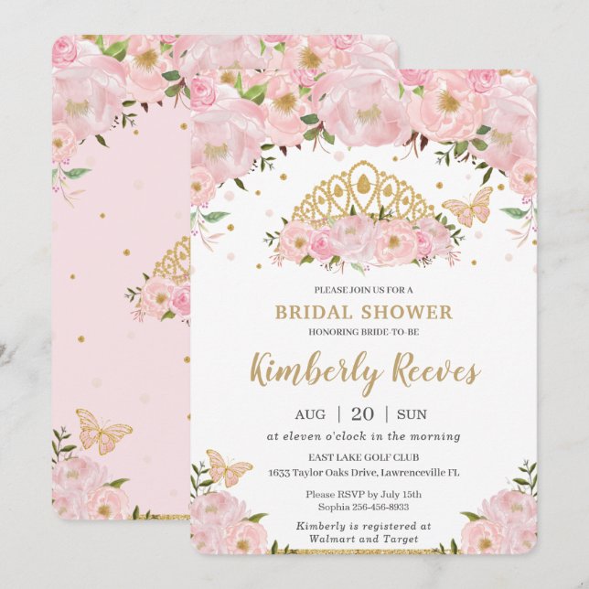 Invitación La princesa floral rosa de Rubor Tiara Bridal Show (Anverso / Reverso)