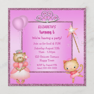 Invitación La princesa Kitty y oso, tiara y purpurina invita