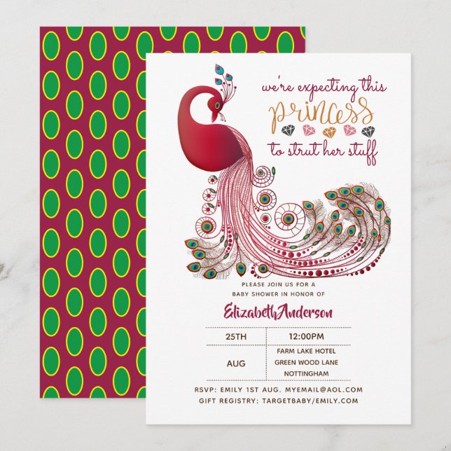 Invitación La princesa Peacock Pink arranca su Baby Shower (Anverso / Reverso)