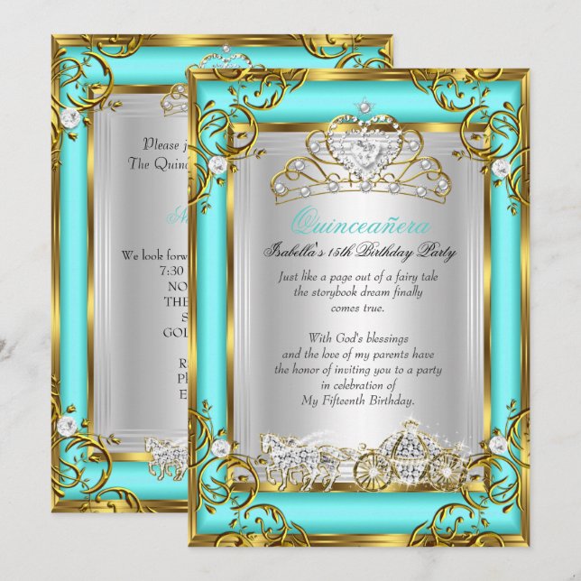 Invitación La princesa Quinceanera 15 cumpleaños de Aqua Verd (Anverso / Reverso)