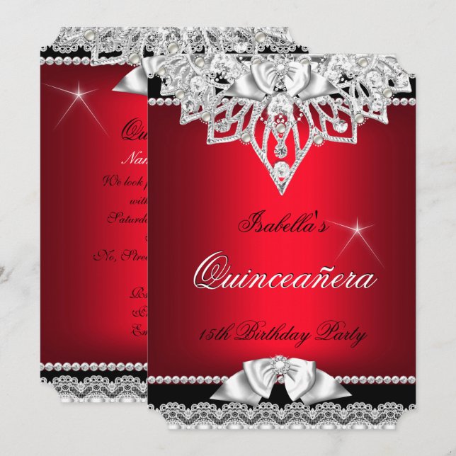 Invitación La princesa Quinceanera Chica Red Black 15 (Anverso / Reverso)