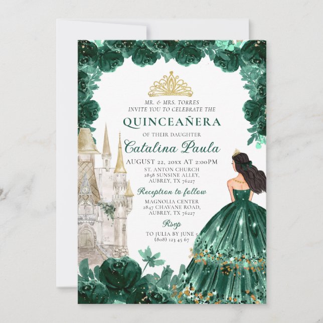 Invitación La princesa Quinceañera del oro verde esmeralda (Anverso)