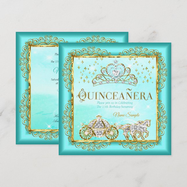 Invitación La princesa Quinceañera mágica Verde azulado oro a (Anverso / Reverso)