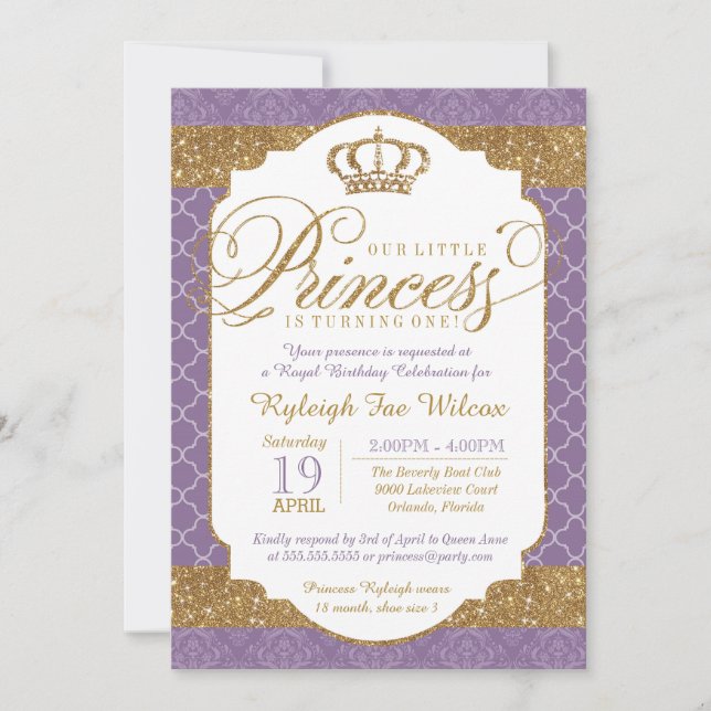 Invitación La princesa real morada y oro cumpleaños (Anverso)