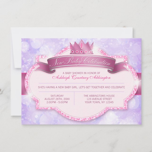 Invitación La princesa real rosada Purpurina y morada Baby Sh (Anverso)