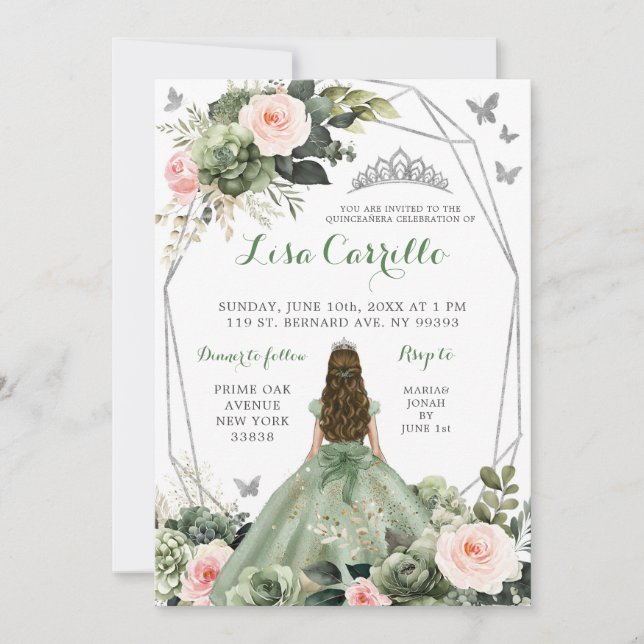 Invitación La princesa rosa del Rubor verde sabio Quinceañera (Anverso)