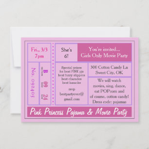 Invitación La princesa rosa Pajama y el Fiesta de cine invita