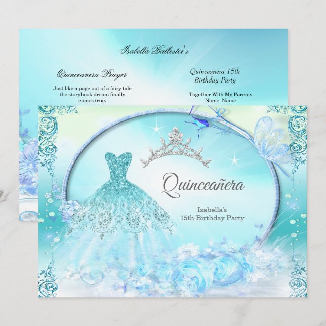 Invitación La princesa verde azulada Quinceanera Vestido mági (Anverso / Reverso)