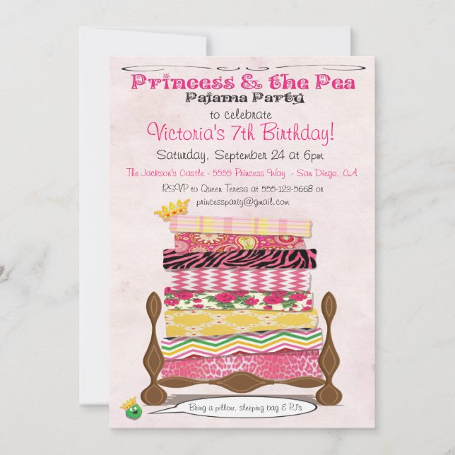 Invitación La Princesa y el Partido del Cumpleaños Pajama (Anverso)