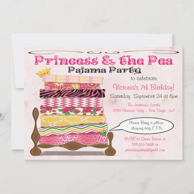 Invitación La Princesa y el Partido del Cumpleaños Pajama (Anverso)