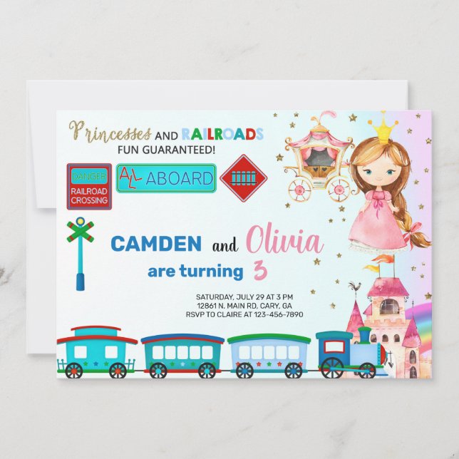Invitación La princesa y entrena a hermanos invitan al cumple (Anverso)