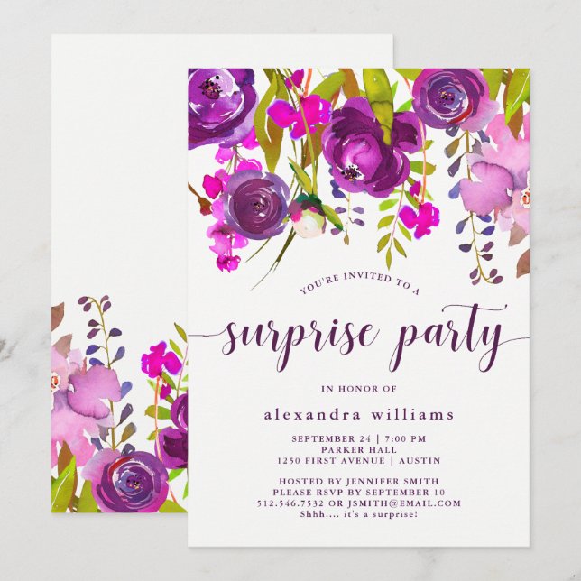 Invitación La púrpura bonita florece al fiesta de sorpresa (Anverso / Reverso)