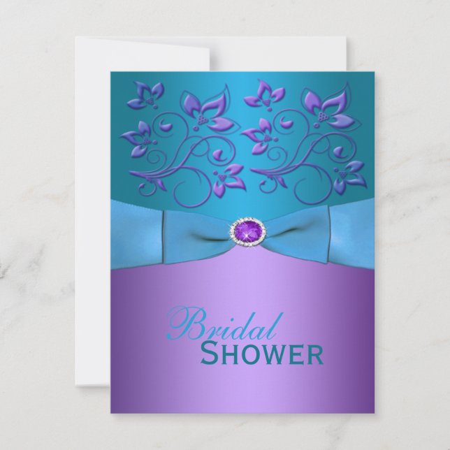 Invitación La púrpura, ducha nupcial floral de la turquesa (Anverso)