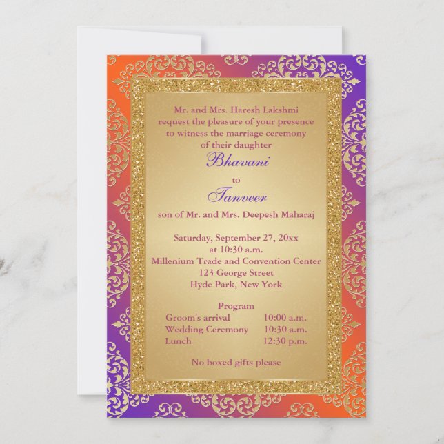Invitación La púrpura, naranja, FALSA boda del purpurina del (Anverso)