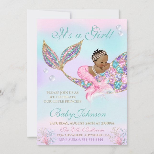 Invitación La Purpurina africana de Baby Shower Mermaid en Am (Anverso)