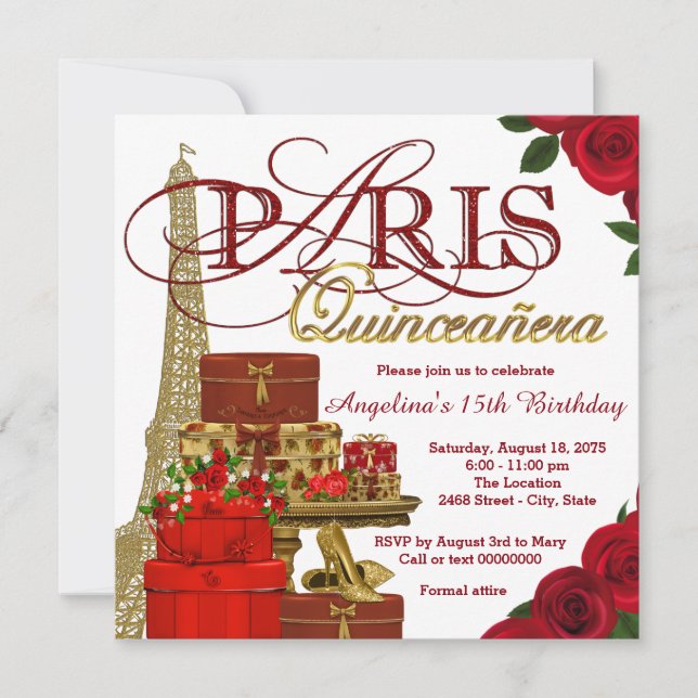 Invitación La quinceañera de París rojo y oro (Anverso)
