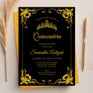 Invitación La quinceanera dorada y negra de la corona de oro