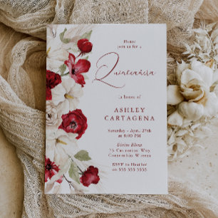 Invitación La Quinceanera floral blanca y roja