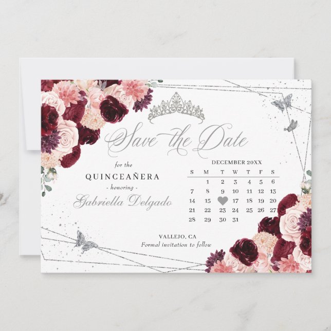 Invitación La Quinceañera Rosa y Plata De Borgoña Salva La Fe (Anverso)