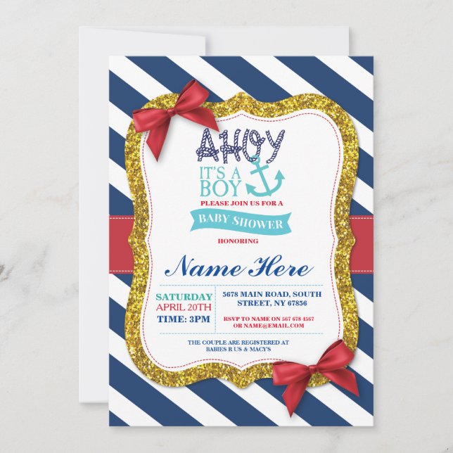 Invitación La raya del marinero del rojo azul de Baby Shower (Anverso)