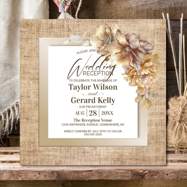 Invitación La recepción de la boda floral de oro en Burlap (Subido por el creador)