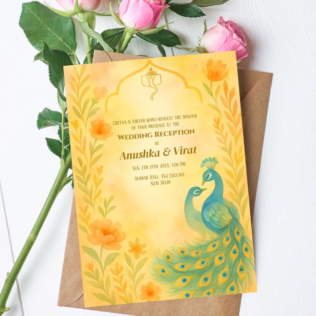Invitación La recepción de la boda hindú con la flor de pavo  (Subido por el creador)