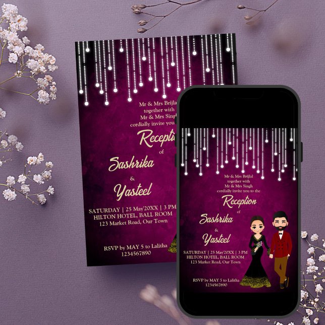 Invitación La recepción de la boda india linda pareja de novi (Indian wedding reception cute bridal couple cartoon editable template invitation digital download)