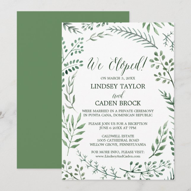 Invitación La recepción del Elopement de Rustic Wreath y Gree (Anverso / Reverso)