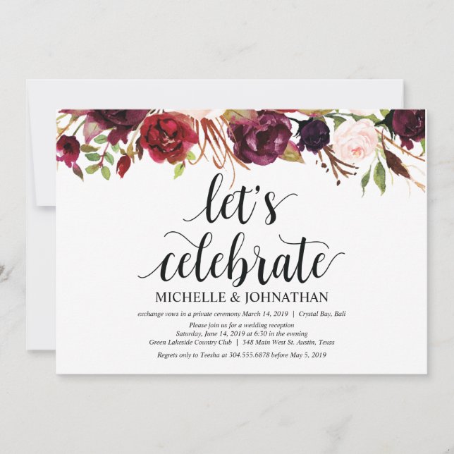 Invitación La recepción rústica con flores de Borgoña invita  (Anverso)