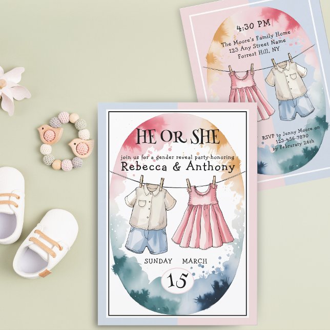 Invitación La revelación de género de la ropa acuarela modern (Subido por el creador)