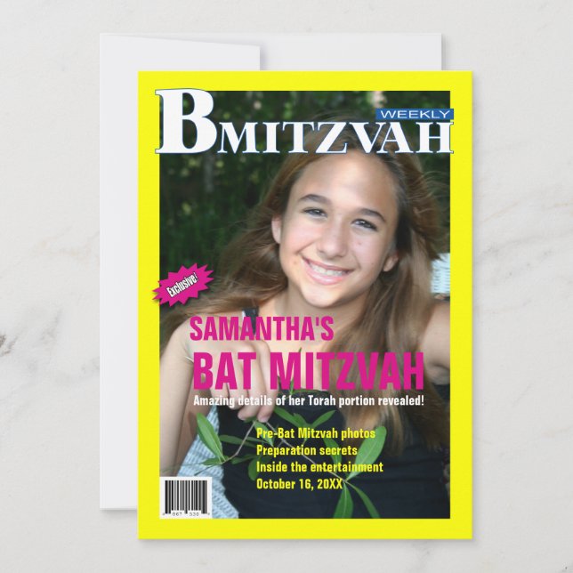 Invitación La revista Bat Mitzvah invita al amarillo rosa (Anverso)