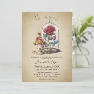 Invitación La rosa mágica de la bella y la bestia de cuento d