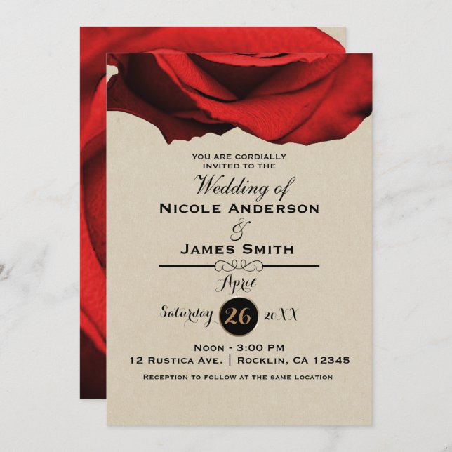 Invitación La Rosa Roja Moderna Rustic Kraft Glam Elegant Wed (Anverso / Reverso)