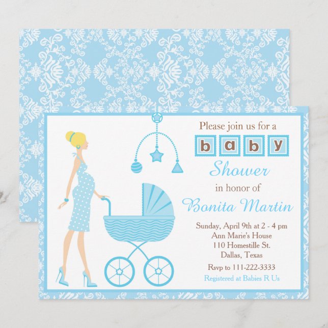 Invitación La rubia de la damáscara azul espera Baby Shower d (Anverso / Reverso)