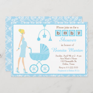 Invitación La rubia de la damáscara azul espera Baby Shower d
