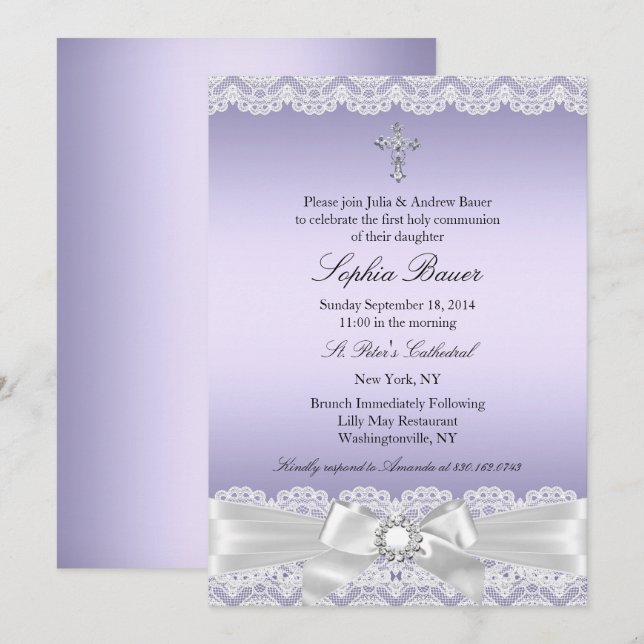 Invitación La Santa Comunión de la Cruz de la Bonito Púrpura (Anverso / Reverso)