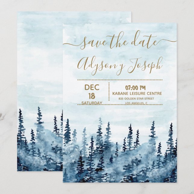 Invitación La Save The Date de Acuarela del Bosque Azul (Anverso / Reverso)