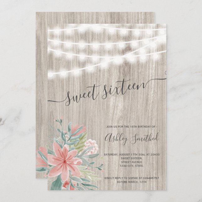 Invitación La secuencia de madera gris rosada floral enciende (Anverso / Reverso)