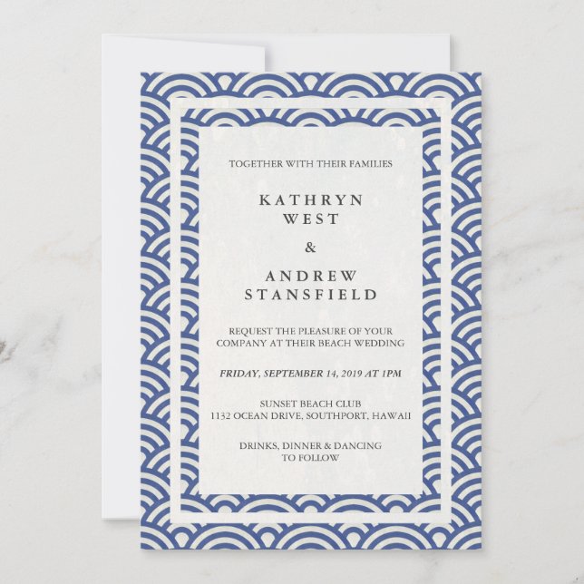 Invitación La Seigaiha japonesa ondea una elegante boda playe (Anverso)