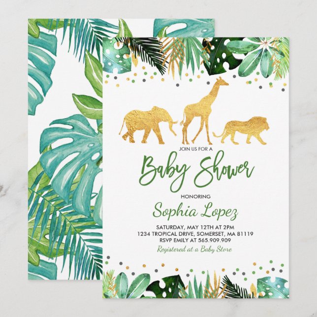 Invitación La selva Baby Shower invita a la Baby Shower tropi (Anverso / Reverso)