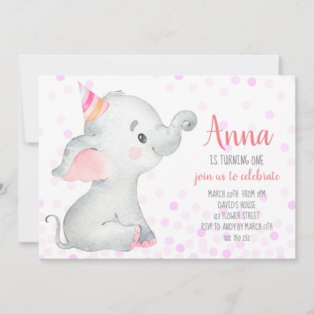 Invitación La selva confetti rosada de la bebé elefante Rubor (Anverso)