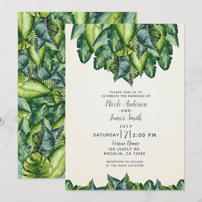 Invitación La selva tropical deja al Boda botánico verde (Anverso / Reverso)