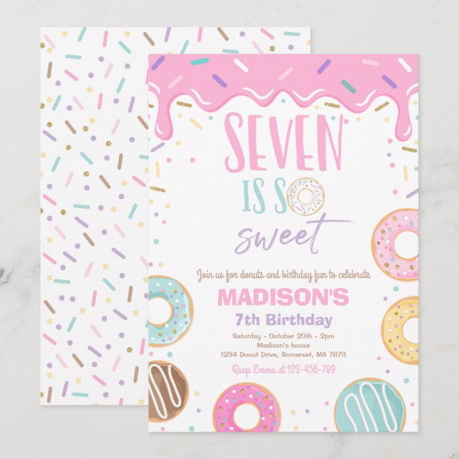 Invitación La Séptima Fiesta de Cumpleaños Siete Es Tan Dulce (Anverso / Reverso)