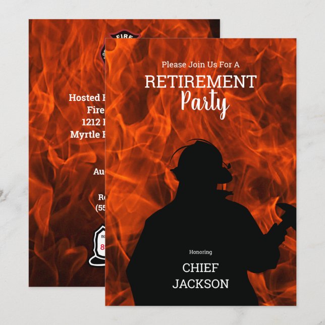 Invitación La silueta del bombero llama al Fiesta de jubilaci (Anverso / Reverso)