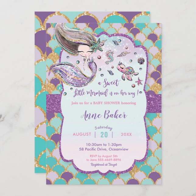 Invitación La sirena Baby Shower bajo el Chica de las criatur (Anverso / Reverso)