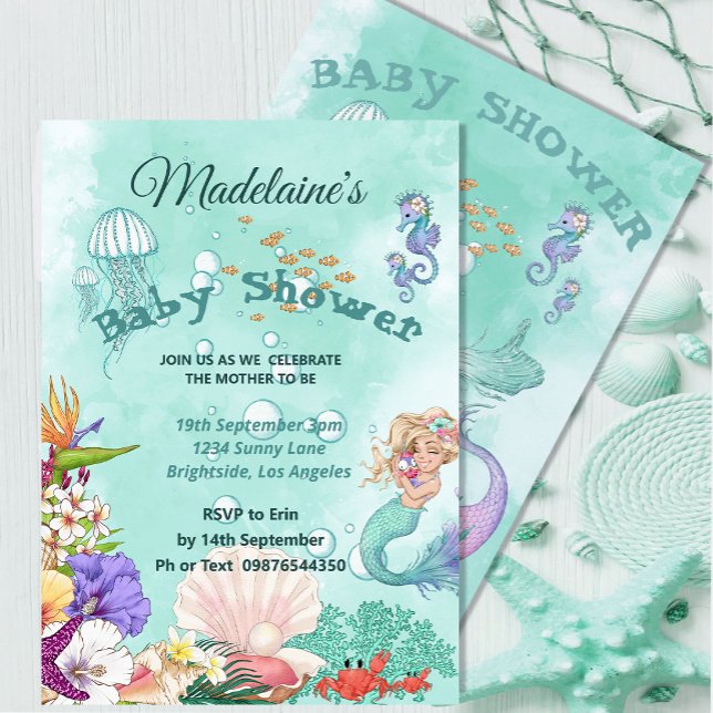 Invitación La sirena Baby Shower cute el verde bajo el mar (Subido por el creador)